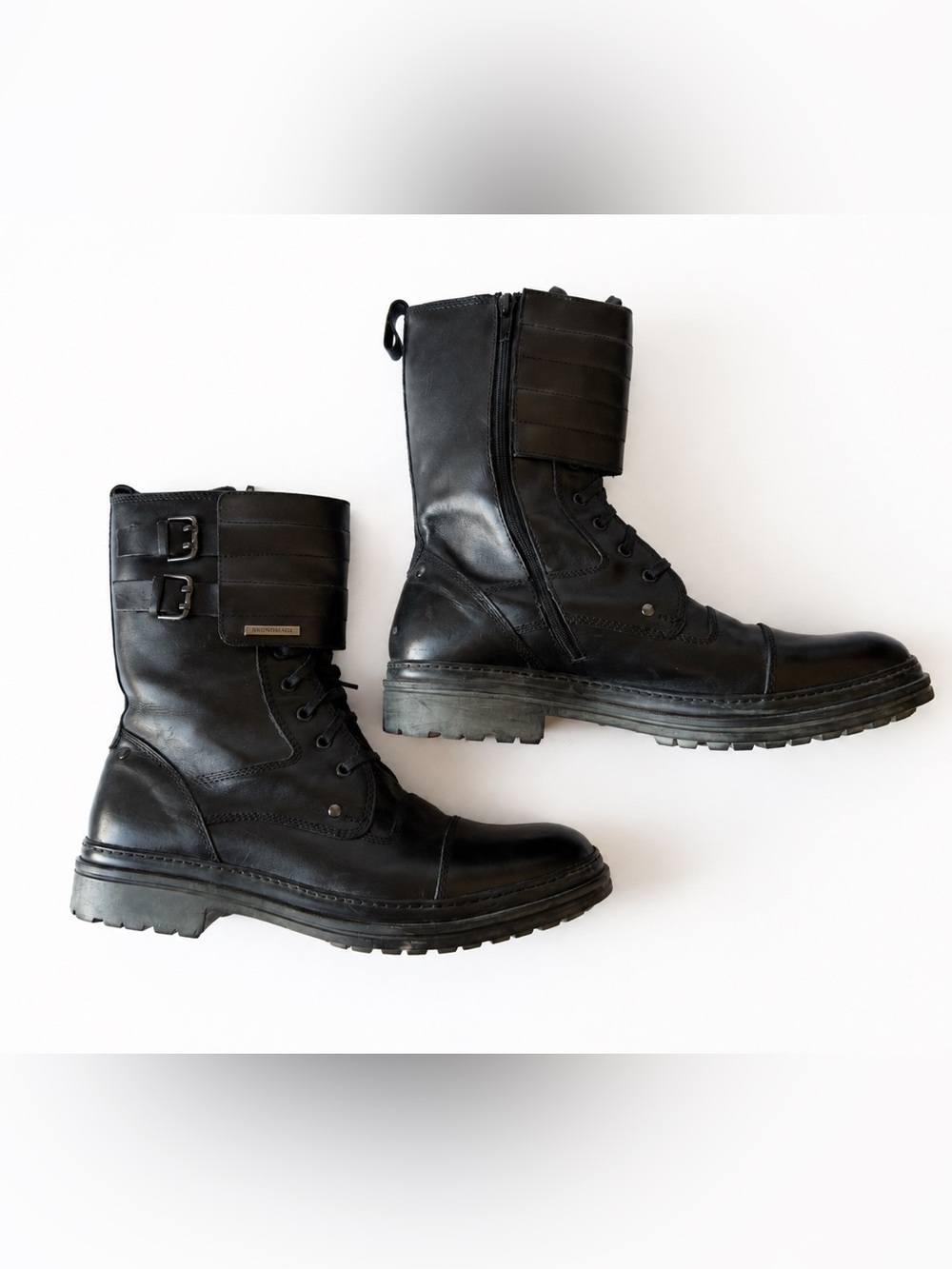 Bruno Magli Black Leather Combat Moto Boots Men’s 10 Lace Up Buckle Italy - Picture 3 of 10